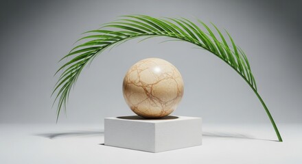 Natural stone egg and palm leaf curved over white pedestal