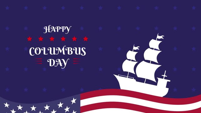 Columbus Day animation, blue waves and old marine navy ship, USA flag color combination, celebrates Christopher Columbus discovering America
