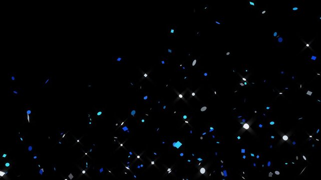 Triple explosion of blue confetti on transparent background. Pro Res 4444.