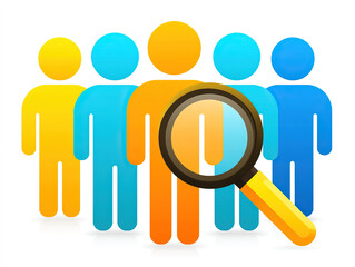 Group of people icon in flat style with orange person highlighted by magnifying glass, symbolizing search, selection, recruitment, or individuality in team concept