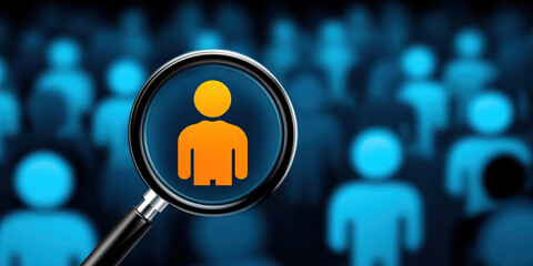 Magnifying glass focusing on orange figure among blue crowd symbolizing individuality uniqueness leadership and standing out in group with modern digital and abstract style