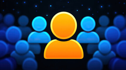 Orange person icon stands out in crowd of blue people, symbolizing individuality, uniqueness, and leadership in digital, abstract style