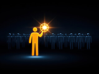 Orange figure spotlight leadership individuality creativity business metaphor glowing standing out dark background inspiring concept unique person success innovation motivation team group light
