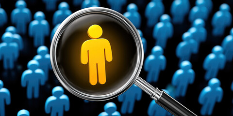 Yellow figure under magnifying glass stands out among blue crowd, symbolizing individuality, uniqueness, selection, and focus in group, with sense of importance and attention