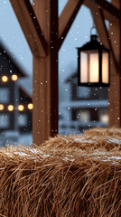 Warm lantern light wooden barn structure hay bale falling snow cozy winter evening rural village festive atmosphere peaceful inviting rustic charm