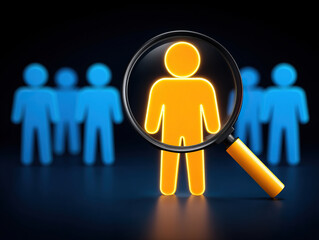 Orange person under magnifying glass stands out from blue group, symbolizing individuality, selection, leadership, and business recruitment with dramatic spotlight effect
