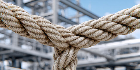 Rope knot heart construction site industrial strong fiber closeup outdoor symbol love connection teamwork support safety durable secure engineering structure blue sky background minimal abstract