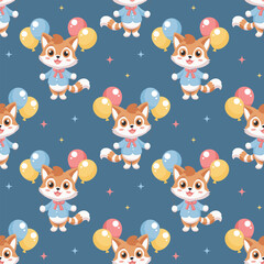 Seamless pattern, cute foxes and balloons. Childish background.