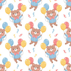 Seamless pattern, cute flying teddy bears and balloons. Childish background.