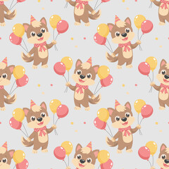 Seamless pattern, cute wolves and balloons. Childish background.