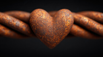 Rusty metal heart shape forms center of twisted construction cables, symbolizing strength and resilience with weathered, industrial texture and warm, earthy tones
