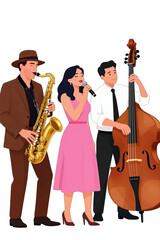 Jazz trio performing with saxophone, singer, and double bass