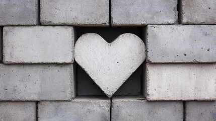 Concrete block heart shape wall construction gray texture architecture love symbol background pattern industrial building material design urban solid masonry structure geometric creative