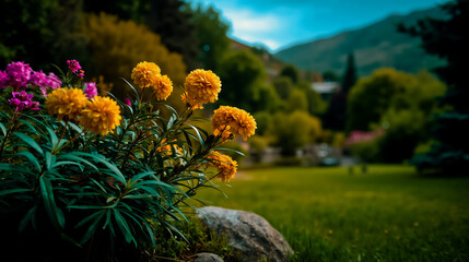 A vibrant garden scene with a variety of flowers and lush greenery set against a backdrop of a distant mountain range