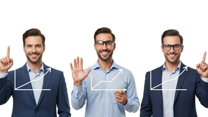 Three smiling businessmen in blue shirts and suits with graph on black background isolated on white transparent png background download