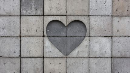 Concrete formwork panels arranged in grid with heart silhouette cutout in center, creating modern, industrial, and creative design with touch of warmth
