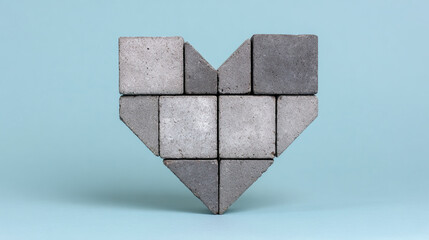 Concrete block geometric heart shape minimalist gray construction modern creative love architecture&mdash;concrete blocks arranged geometric heart shape blue background symbolizing strength