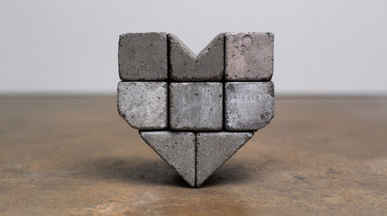 Concrete block heart shape geometric industrial gray minimalist modern creative construction love symbol emotional on brown surface
