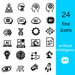 Icons of artificial intelligence showing robots, brains, data, and technology in a modern design layout