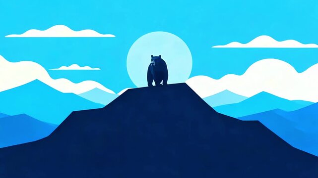 Stylized minimalist vector illustration depicting a solitary dark bear standing proudly atop a deep blue mountain peak under a large pale moon or sun.