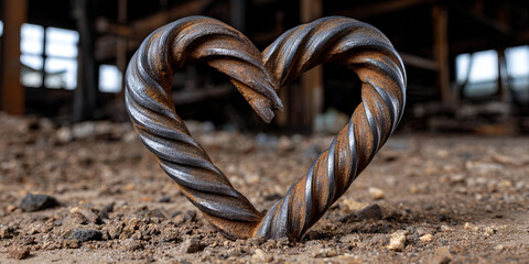 Steel heart construction site bent metal industrial rust ground texture symbol love emotion rough background closeup outdoor sculpture creative shape artistic iron brown gray twisted romantic