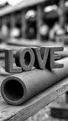 Love sculpture gray stone texture outdoor on wooden bench, industrial background, romantic mood, creative art installation, bold letters, urban setting, emotional expression