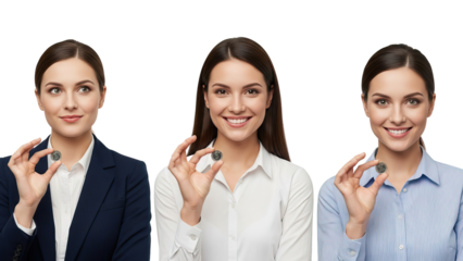 Three women holding coins in front of black and white background isolated on white transparent png background download
