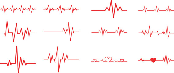 Heart Rhythm Icon set. Electrocardiogram, ECG - EKG signal, Heart Beat pulse line concept design element. Heartbeat line, pulse, cardiogram, medical health care, heart rhythm, red outline vector.
