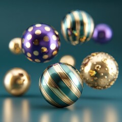Abstract ornate spheres in teal and gold with textured surface on teal backdrop