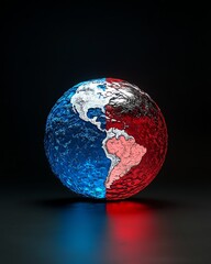 A globe divided into blue and red, symbolizing geopolitical tension