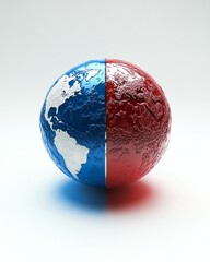 A globe divided into blue and red, symbolizing geopolitical tension