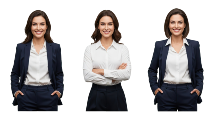 Woman in business attire posing in three different positions isolated on white transparent png background download