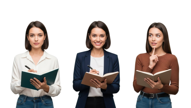 Three young women with notebooks and pens against black background isolated on white transparent png background download - Powered by Adobe