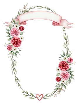 Elegant oval floral frame with pink roses and ribbon banner on white background. Wedding invitation border with romantic flowers and leaves.