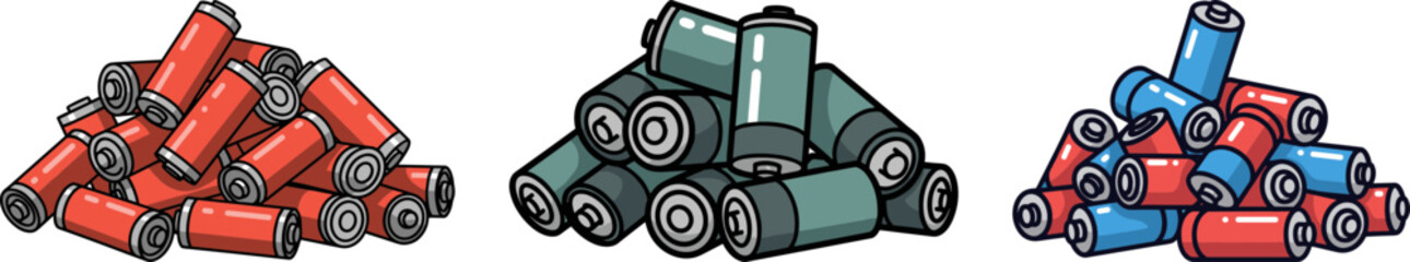 Battery waste in a pile with various colors including red and green, representing environmental issues, on a transparent background, emphasizing recycling and sustainability.