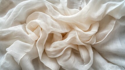 Wrinkled cream-colored fabric texture, close-up. Possible use textile, fashion, design inspiration