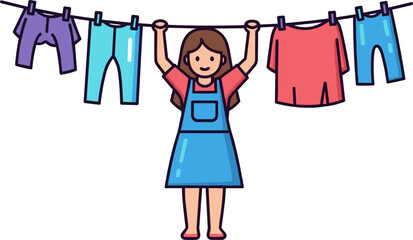 Girl hanging laundry on a line outdoors, wearing a blue apron, with colorful clothes, cheerful expression, bright colors, isolated on a transparent background.