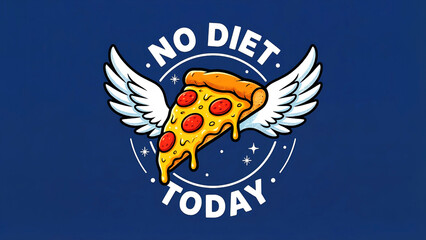 This humorous graphic features a slice of pepperoni pizza with angelic white wings, creatively illustrating a funny motto about enjoying food guilt-free today.