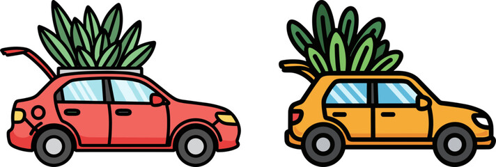Two cartoon cars with green plants on the roof, one red and one yellow, parked in a whimsical setting, representing sustainability and eco-friendly transportation.