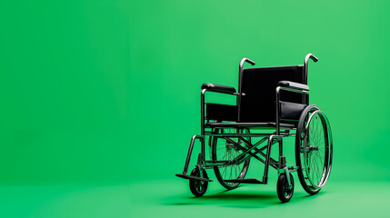 A black wheelchair with silver handles and wheels against a green background