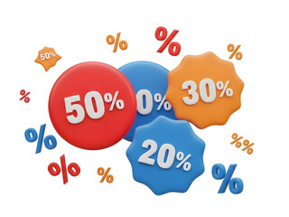 Vibrant 3D rendered discount percentage tags and floating symbols promoting seasonal sales, online shopping deals, and retail marketing campaigns encouraging consumer savings and purchase decisions.