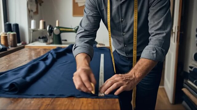 Tailor measuring and cutting fabric with precision in artisan workshop