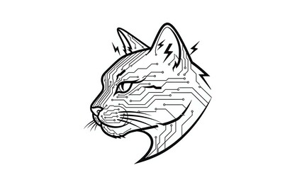 Obraz premium Wild cat head profile with open mouth showing fangs in black line art style on white background isolated for logo design and tattoo artwork.
