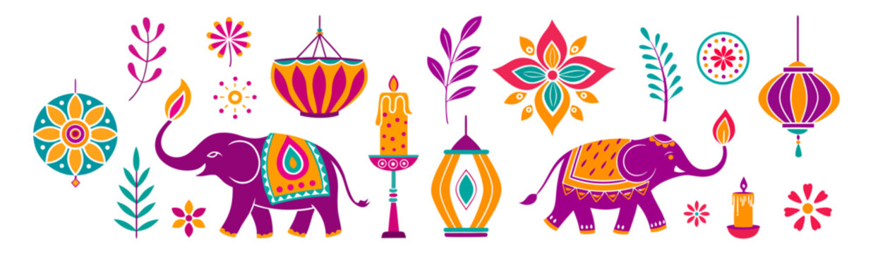Diwali element set in trendy geometric style with diya lamp, mandala, lanterns, fireworks and elephant. Indian festival of lights. Vector template for greeting card, poster, banner, holiday decor