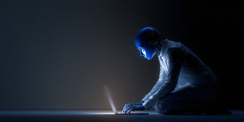 A robot working with a laptop in a futuristic and technological setting, with a cool blue hue. The robot is focused and concentrated, in an intelligent concept