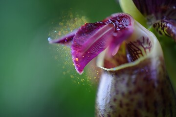 Exotic dark purple flower petal shows a scattering of golden pollen.