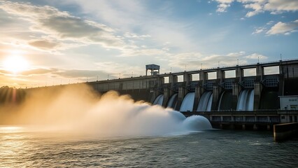 Hydroelectric dam with water spouting from gates during sunset on river with blue sky