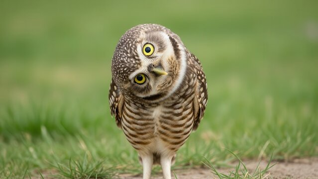 Curious burrowing owl with wide yellow eyes and tilted head looking directly at camera