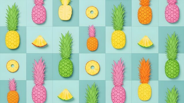 Colorful pattern of pineapples on pastel blue background. Top view. Minimal tropical fruit summer concept. - Powered by Adobe