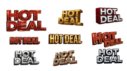 A collection of dynamic 3D hot deal text effects in various metallic and glowing styles for eye-catching sales promotions and urgent discount announcements in digital marketing advertisements.